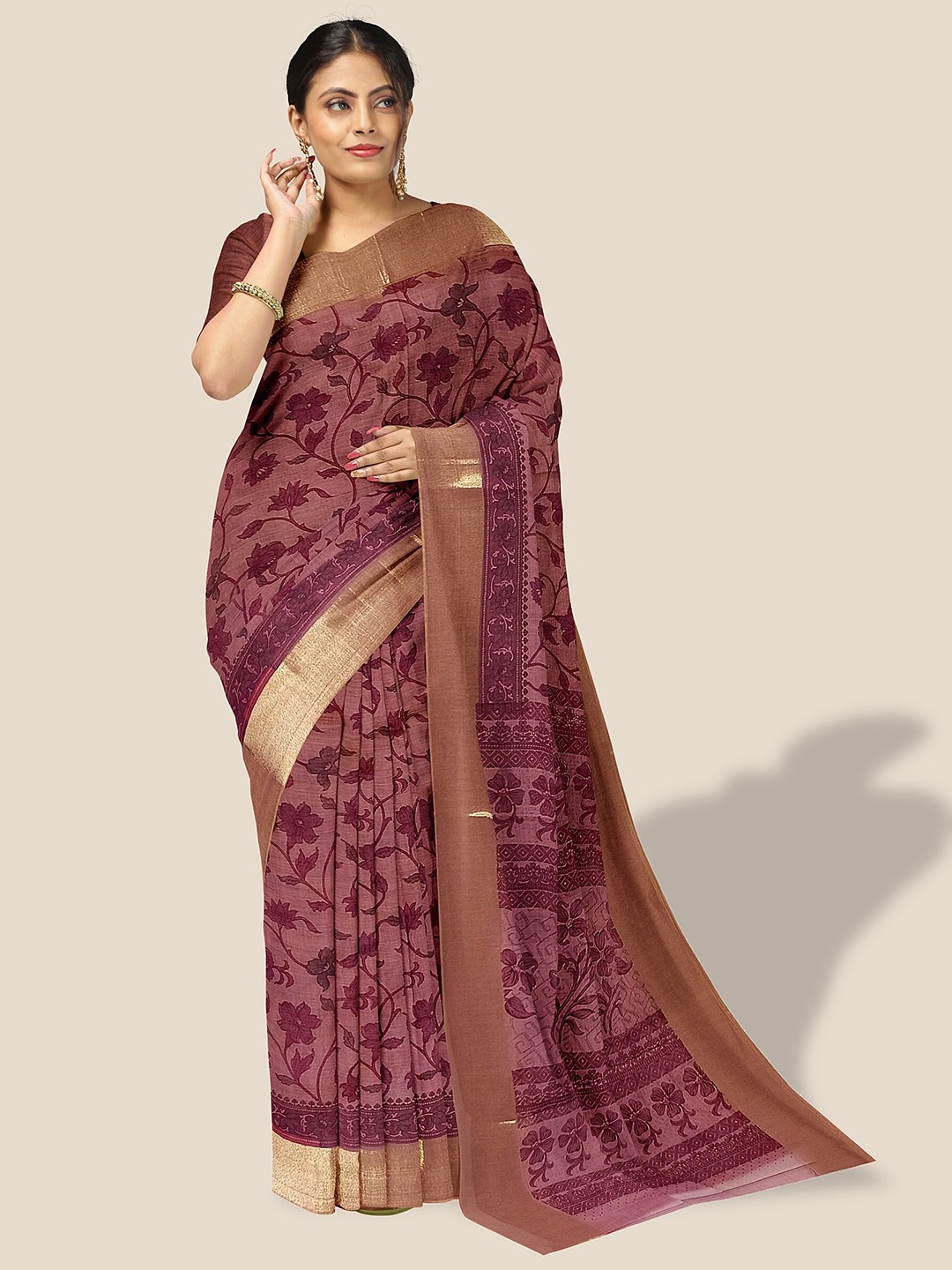 

The Chennai Silks Floral Printed Zari Pure Cotton Saree, Burgundy