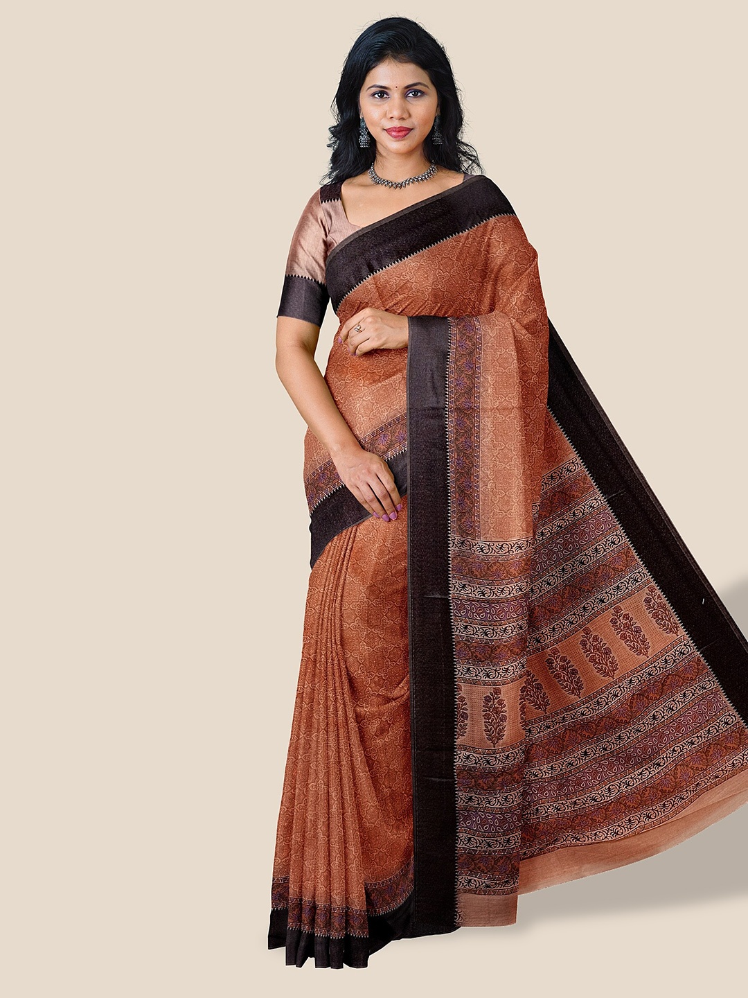 

The Chennai Silks Ethnic Motif Printed Pure Cotton Saree, Coral