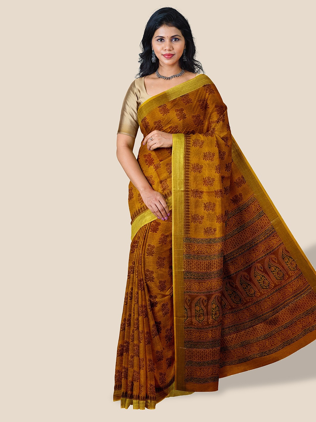 

The Chennai Silks Floral Printed Zari Pure Cotton Saree, Rust