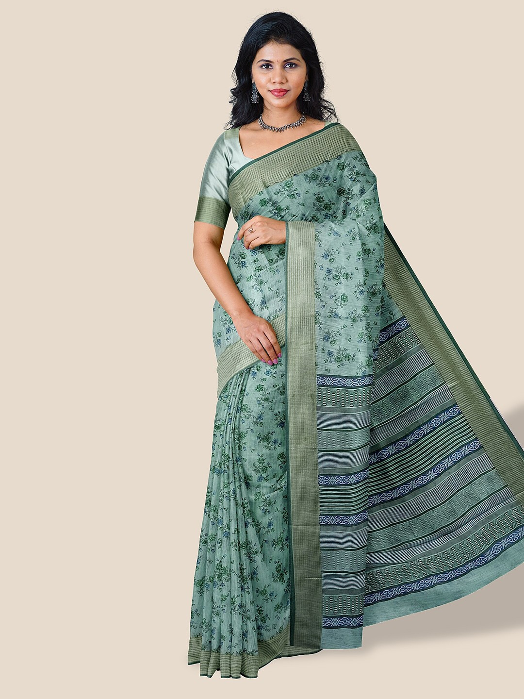 

The Chennai Silks Floral Printed Zari Pure Cotton Saree, Green