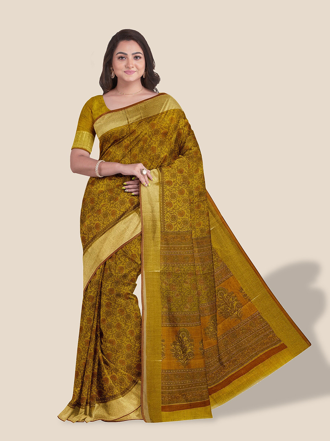

The Chennai Silks Floral Printed Zari Pure Cotton Saree, Mustard