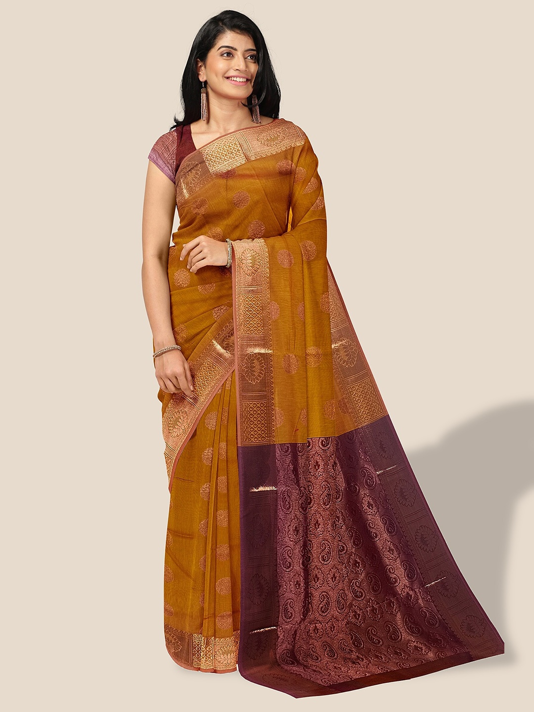 

The Chennai Silks Ethnic Motifs Woven Design Zari Silk Cotton Maheshwari Saree, Rust