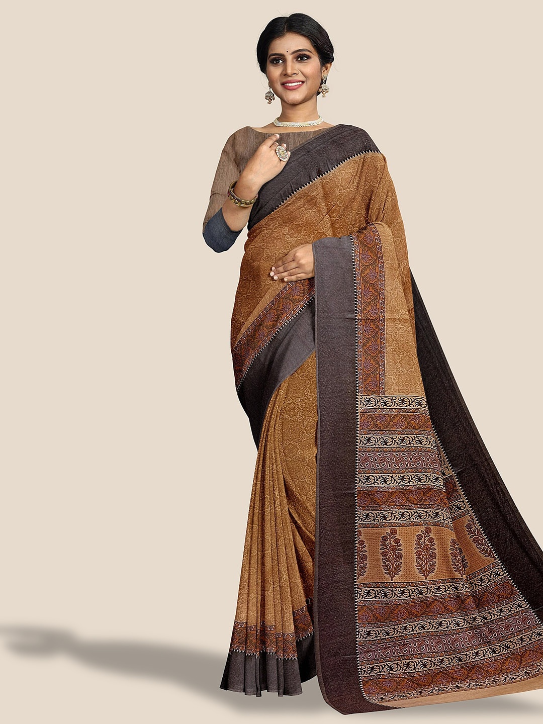 

The Chennai Silks Floral Printed Pure Cotton Saree, Brown