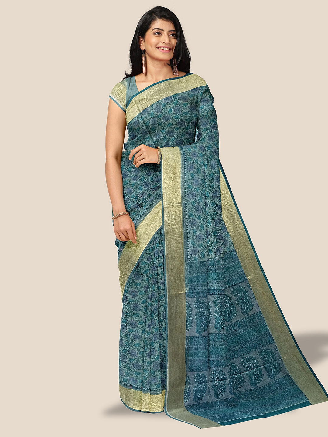 

The Chennai Silks Floral Printed Zari Pure Cotton Saree, Blue