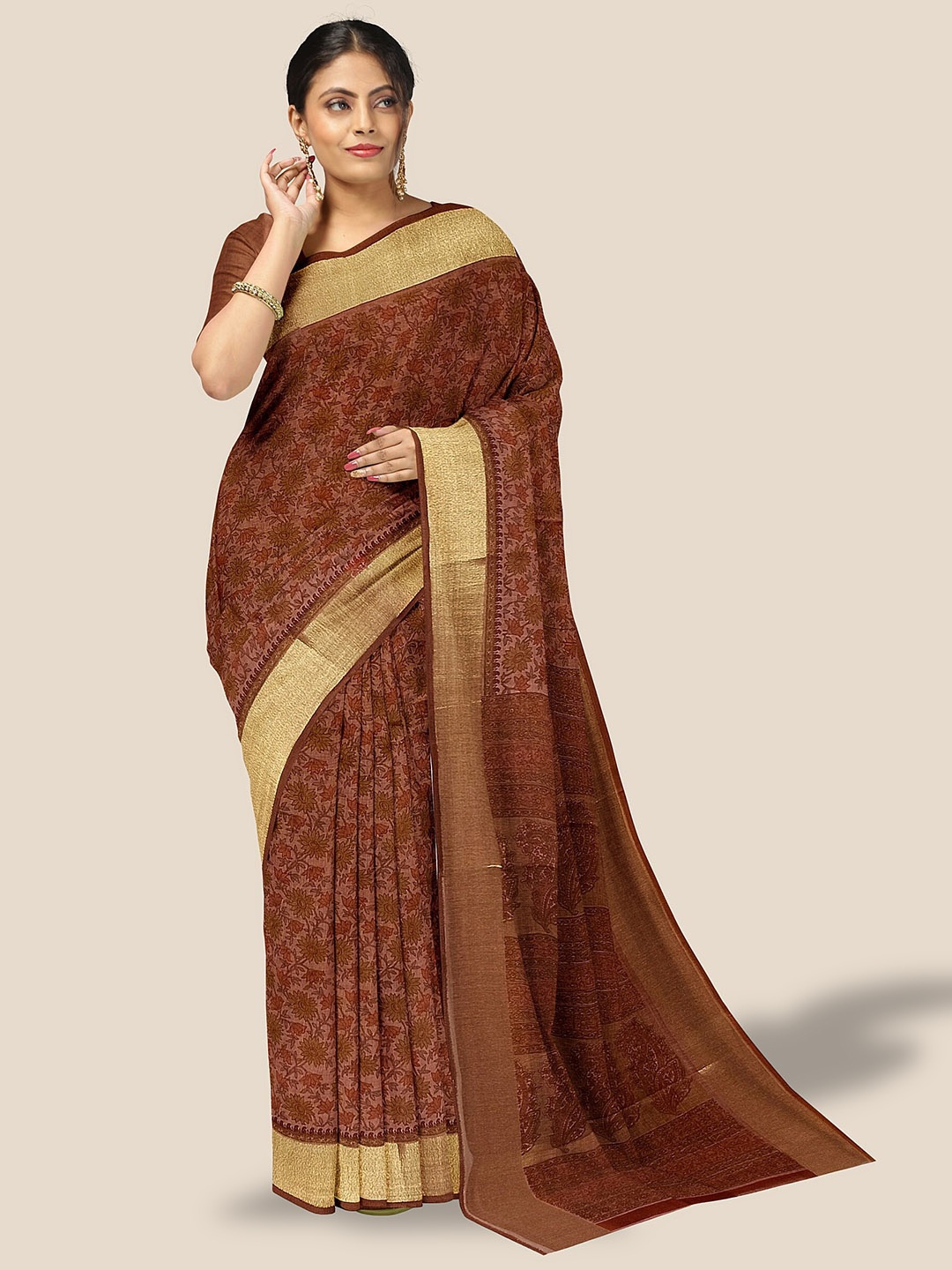 

The Chennai Silks Floral Printed Zari Pure Cotton Saree, Brown