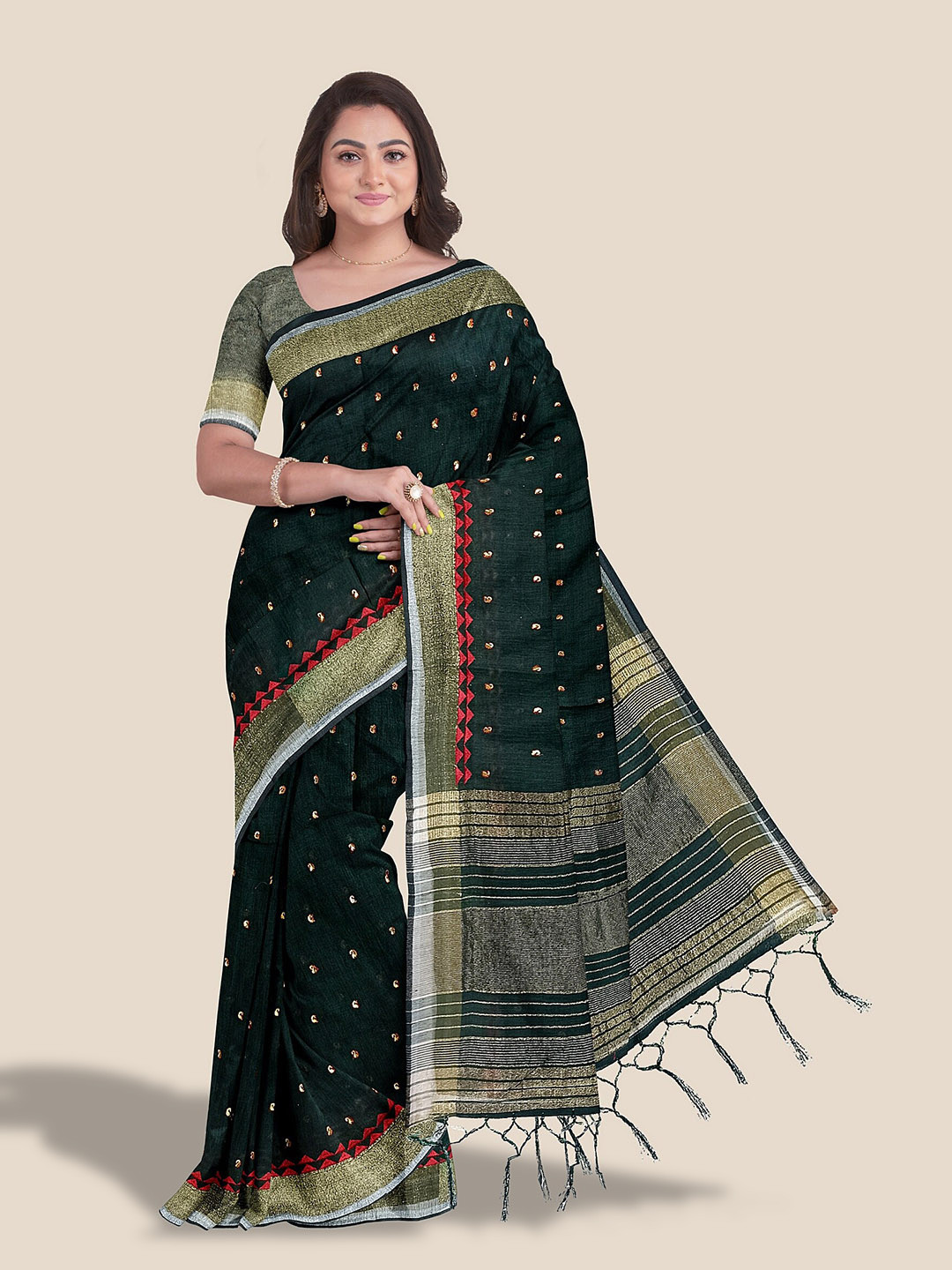 

The Chennai Silks Paisley Printed Embroidery Detailed Zari Jute Cotton Saree, Green