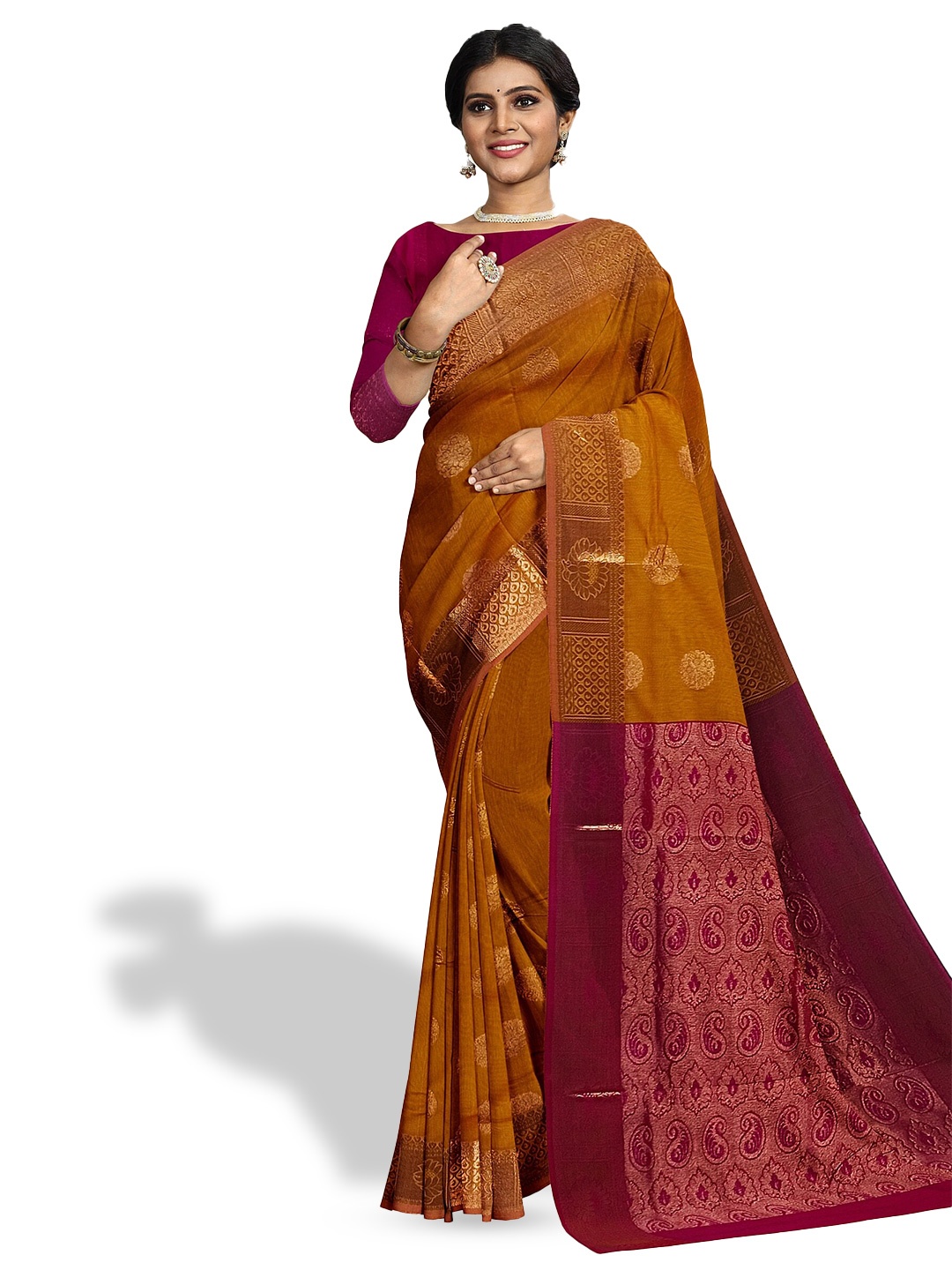 

The Chennai Silks Ethnic Motifs Woven Design Silk Cotton Maheshwari Saree, Rust