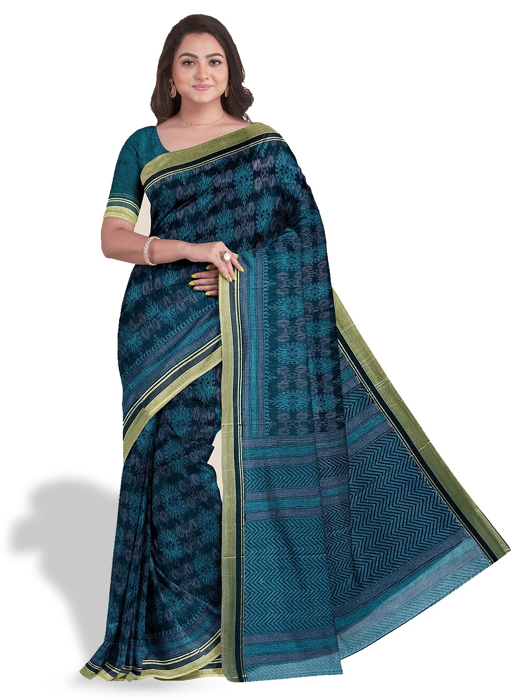 

The Chennai Silks Ethnic Motifs Printed Zari Pure Cotton Saree, Blue