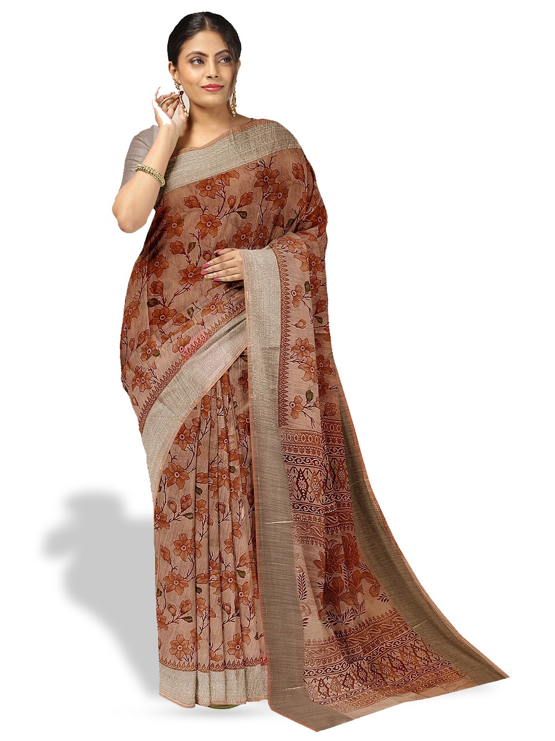 

The Chennai Silks Floral Printed Zari Pure Cotton Saree, Peach