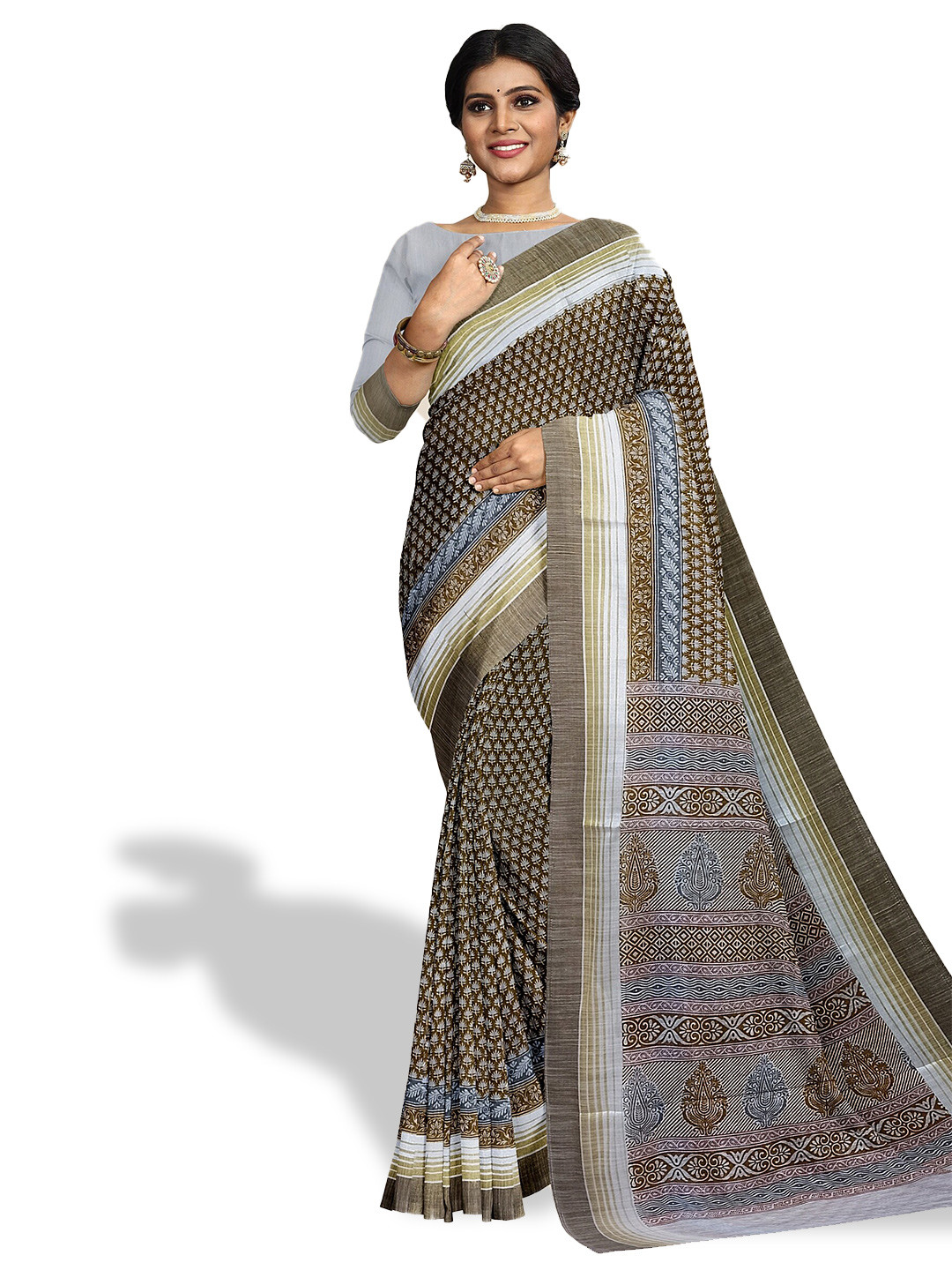 

The Chennai Silks Floral Printed Pure Cotton Saree, Brown