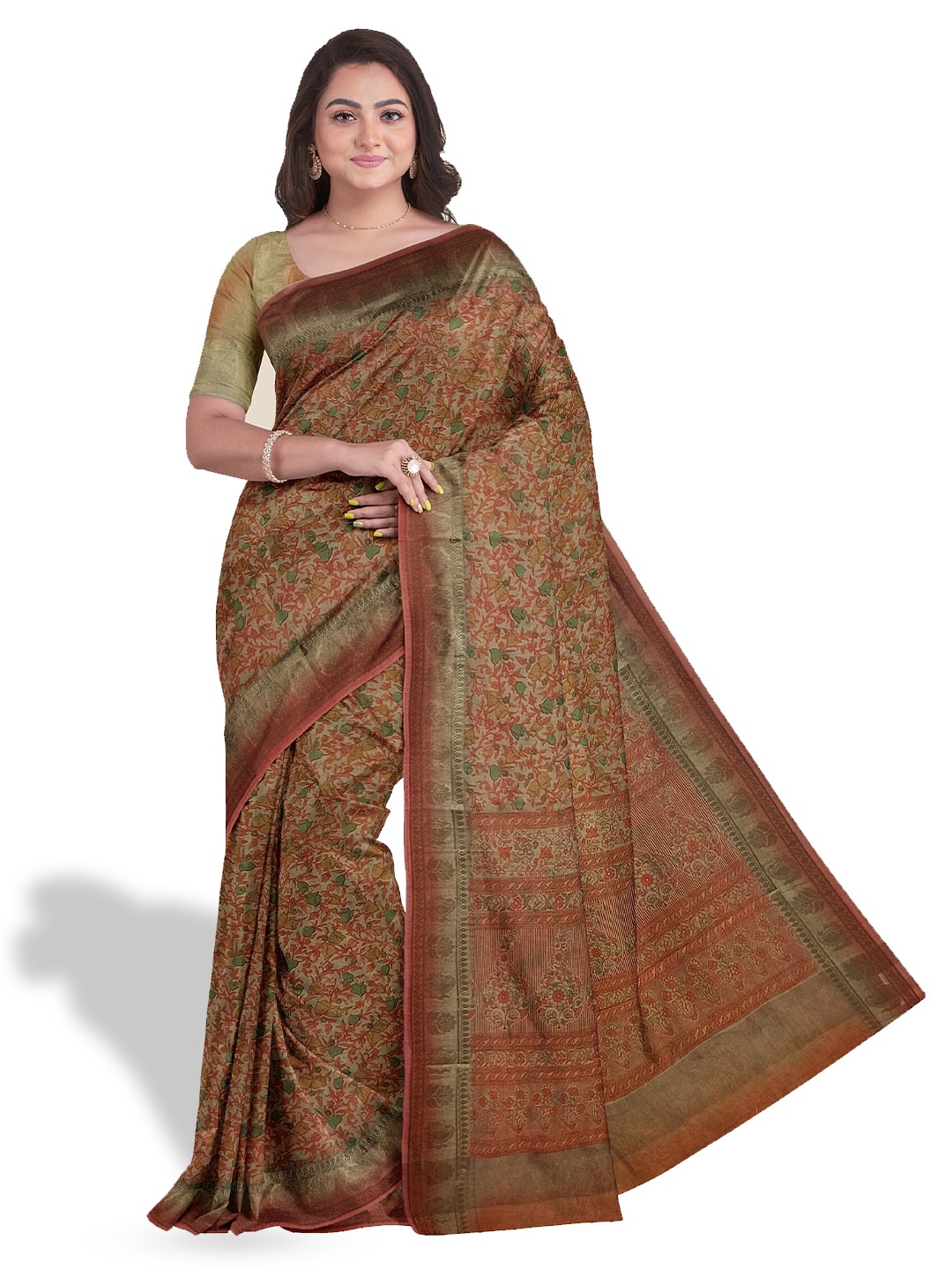 

The Chennai Silks Floral Printed Supernet Kota Saree, Khaki