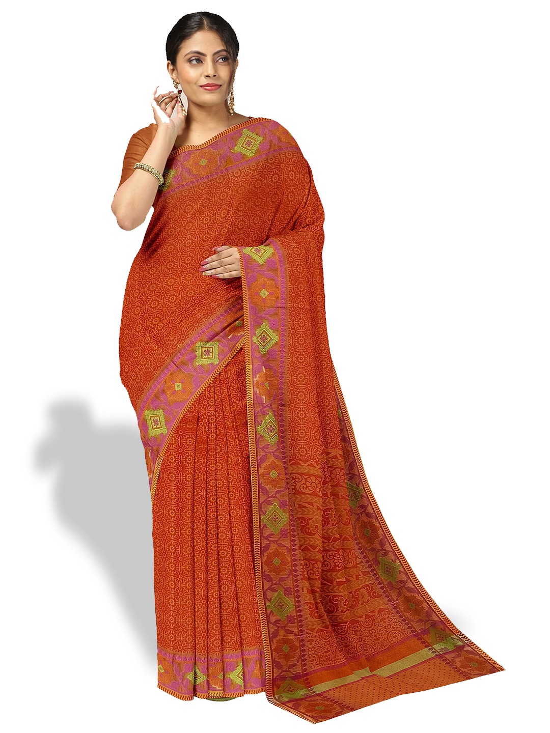 

The Chennai Silks Floral Printed Kota Saree, Orange