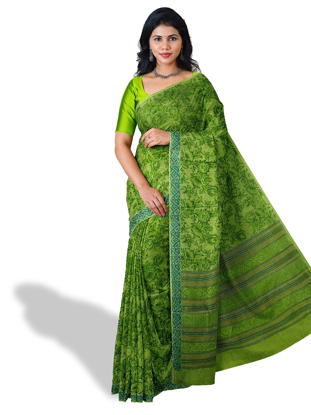 

The Chennai Silks Floral Printed Pure Cotton Chanderi Saree, Green