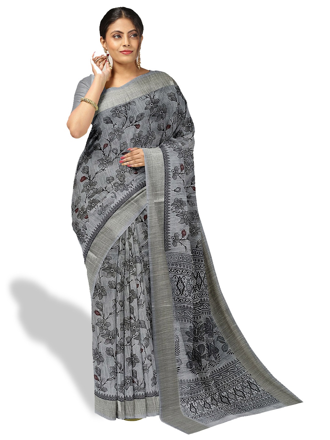 

The Chennai Silks Floral Printed Pure Cotton Saree, Grey