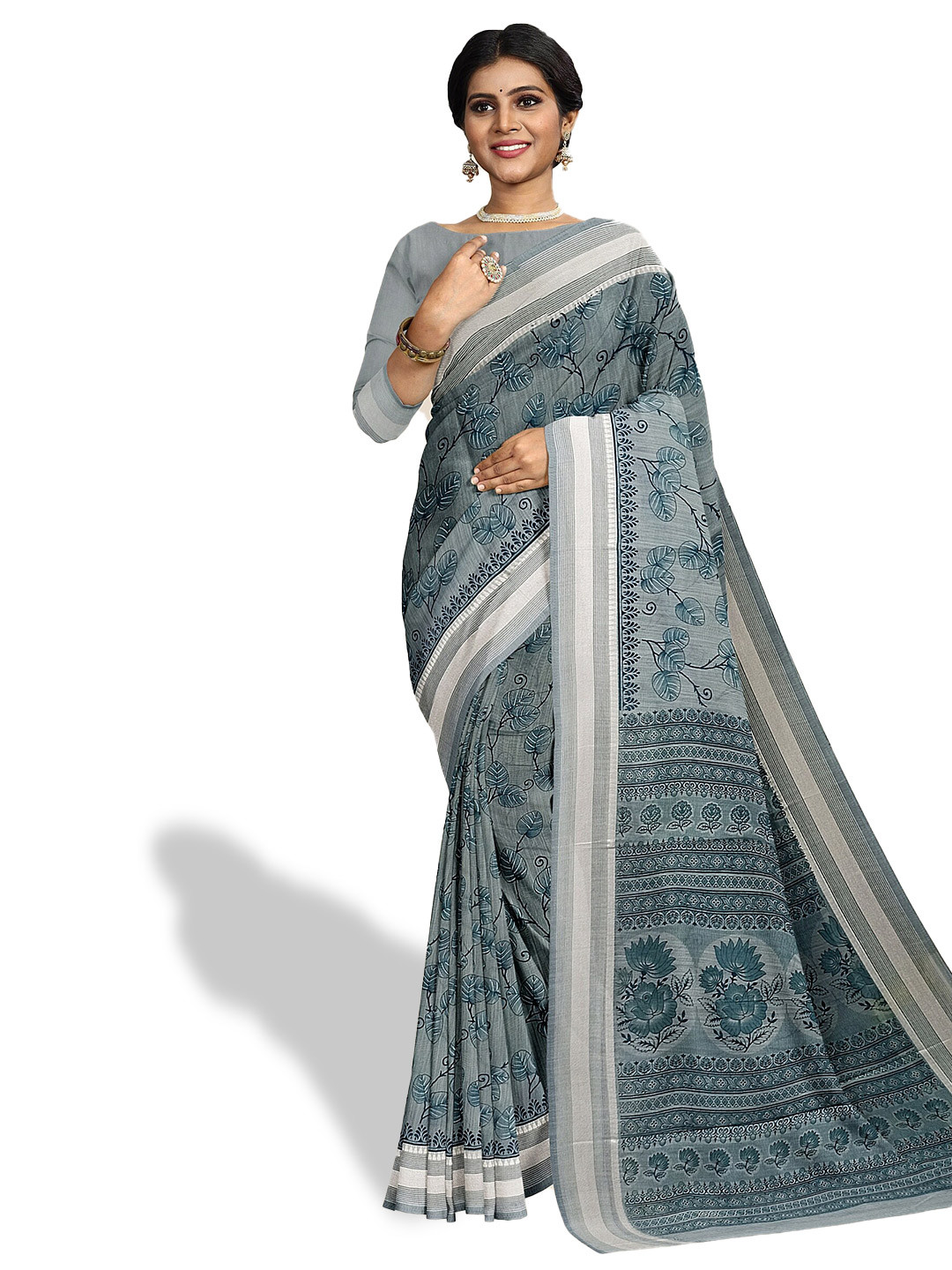 

The Chennai Silks Floral Printed Pure Cotton Saree, Grey