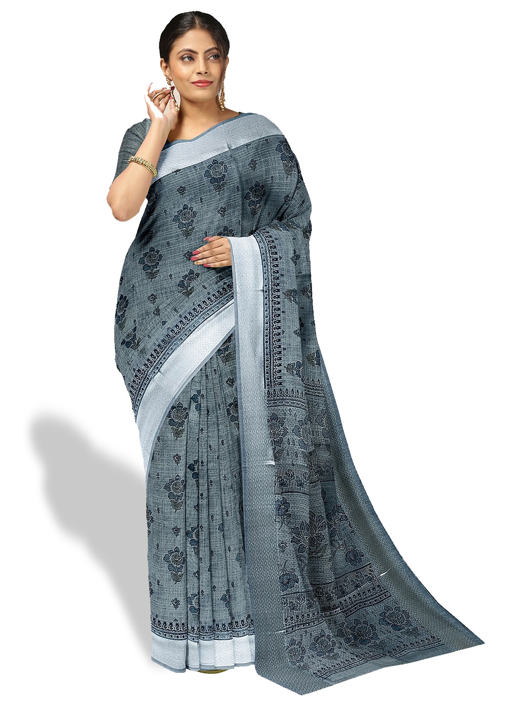 

The Chennai Silks Floral Printed Zari Pure Cotton Saree, Blue