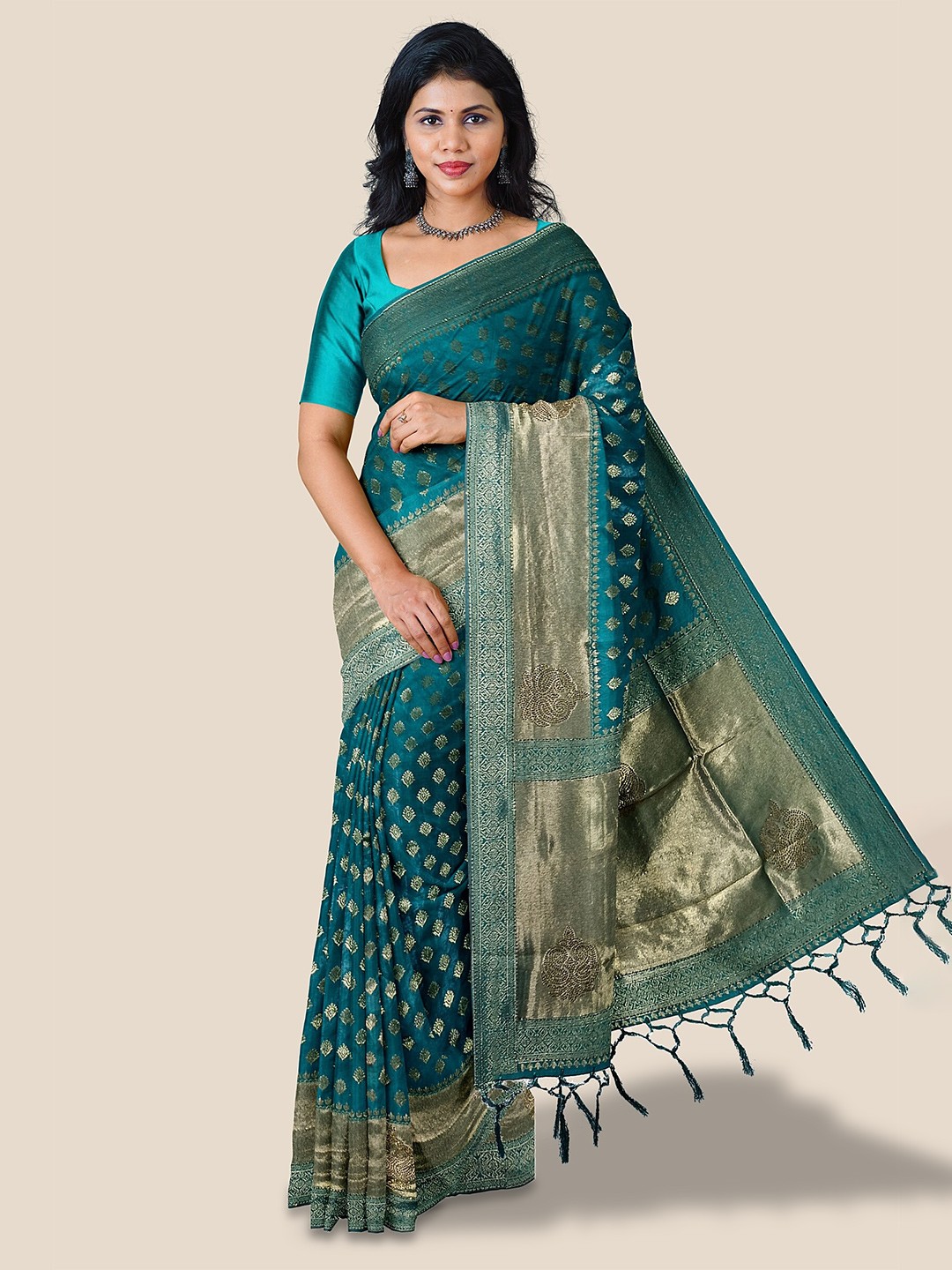 

The Chennai Silks Ethnic Motifs Woven Design Zari Patola Saree, Sea green