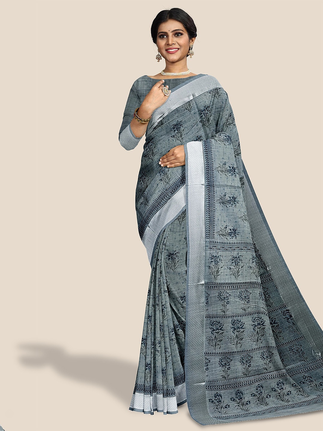 

The Chennai Silks Floral Printed Zari Pure Cotton Saree, Grey