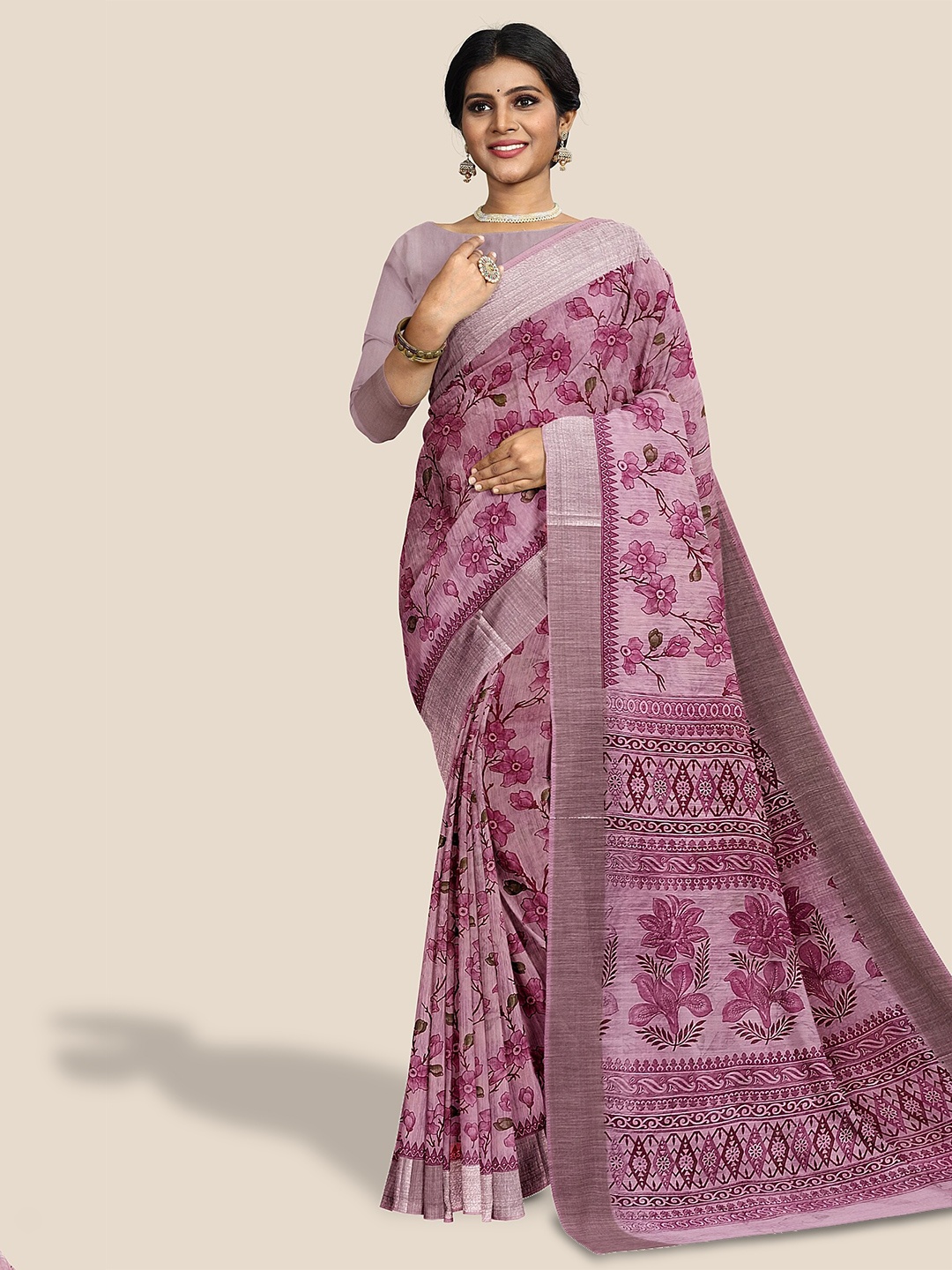 

The Chennai Silks Floral Printed Zari Pure Cotton Saree, Pink