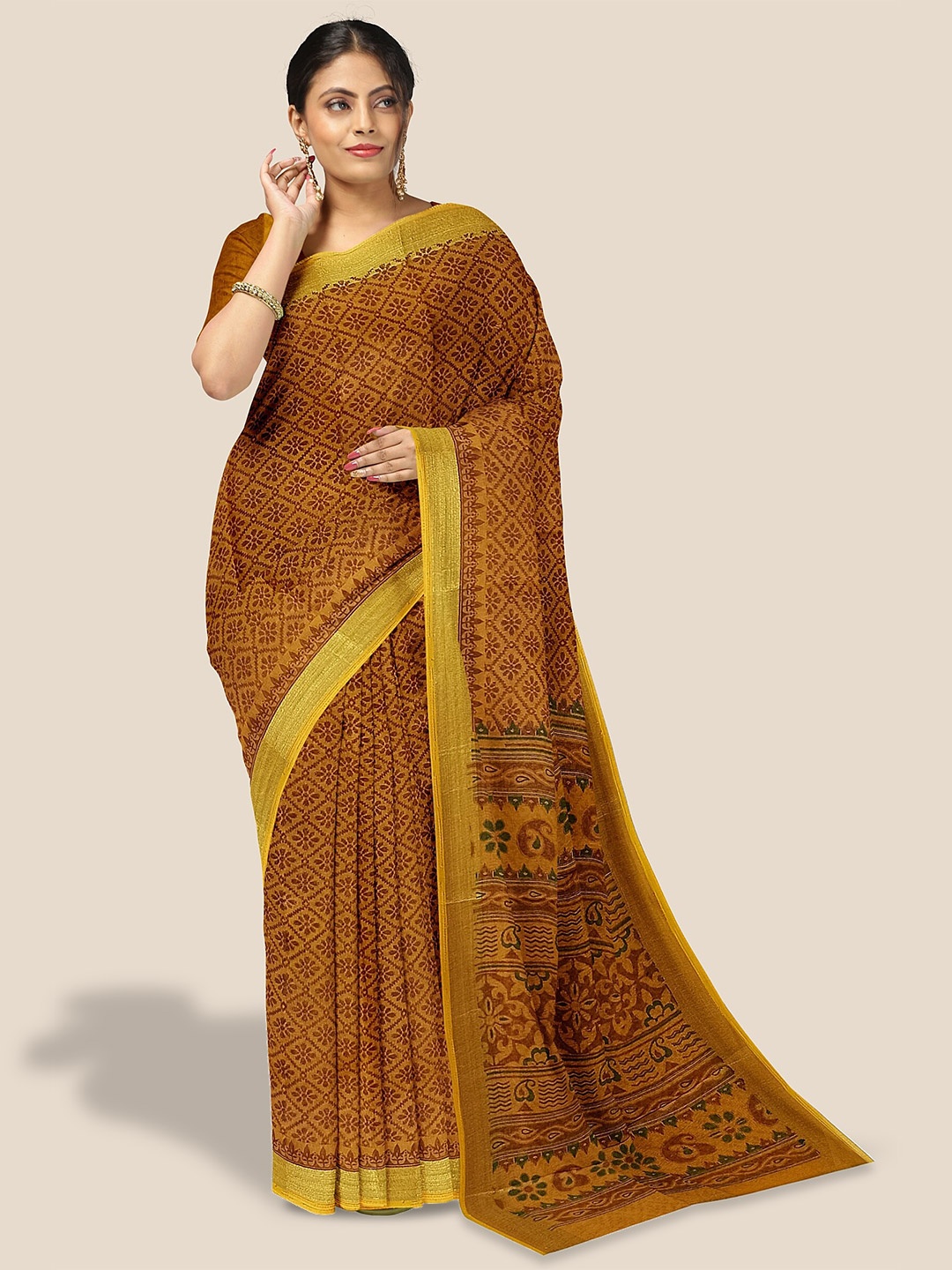

The Chennai Silks Floral Printed Pure Cotton Saree, Mustard