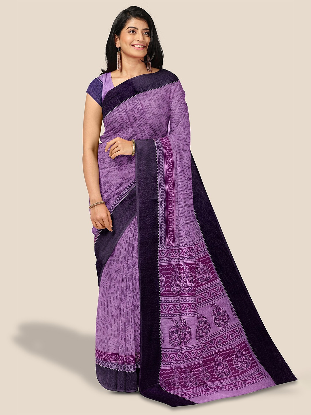 

The Chennai Silks Paisley Printed Pure Cotton Saree, Lavender