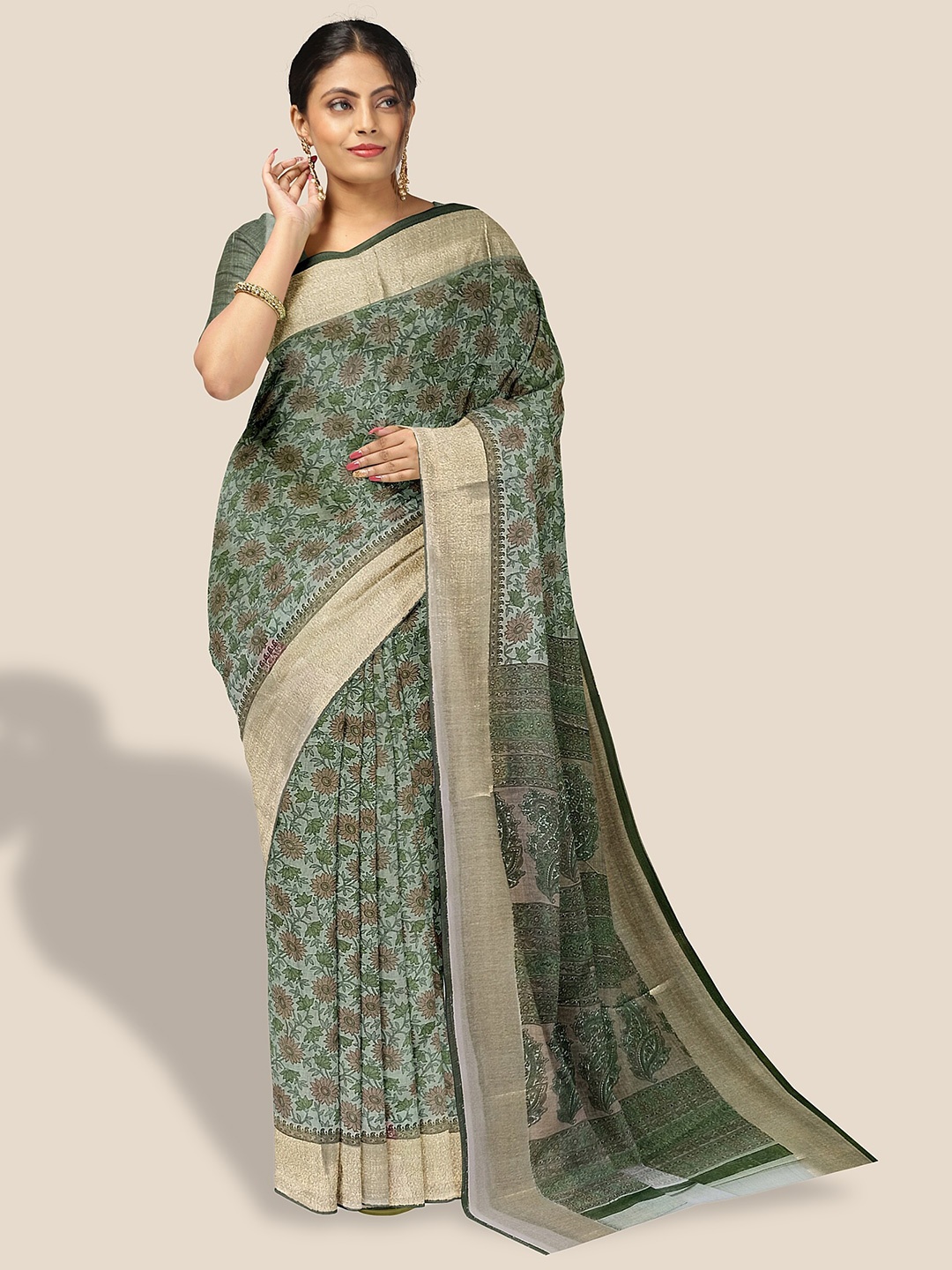 

The Chennai Silks Floral Printed Zari Pure Cotton Saree, Green