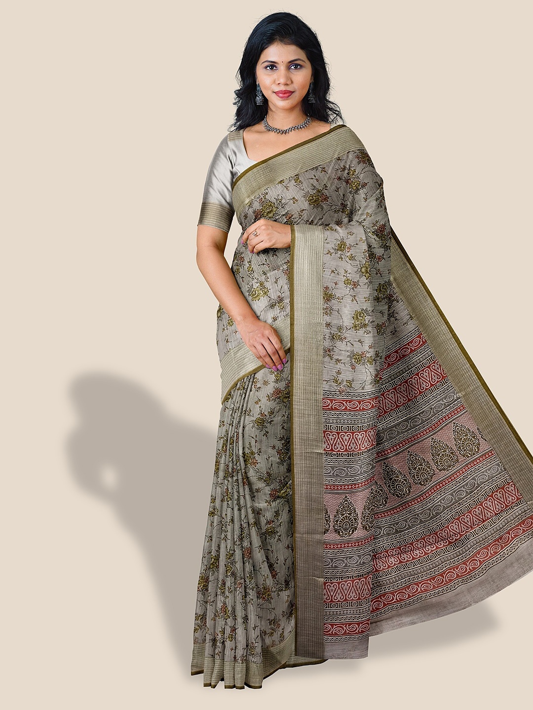

The Chennai Silks Floral Printed Pure Cotton Saree, Beige