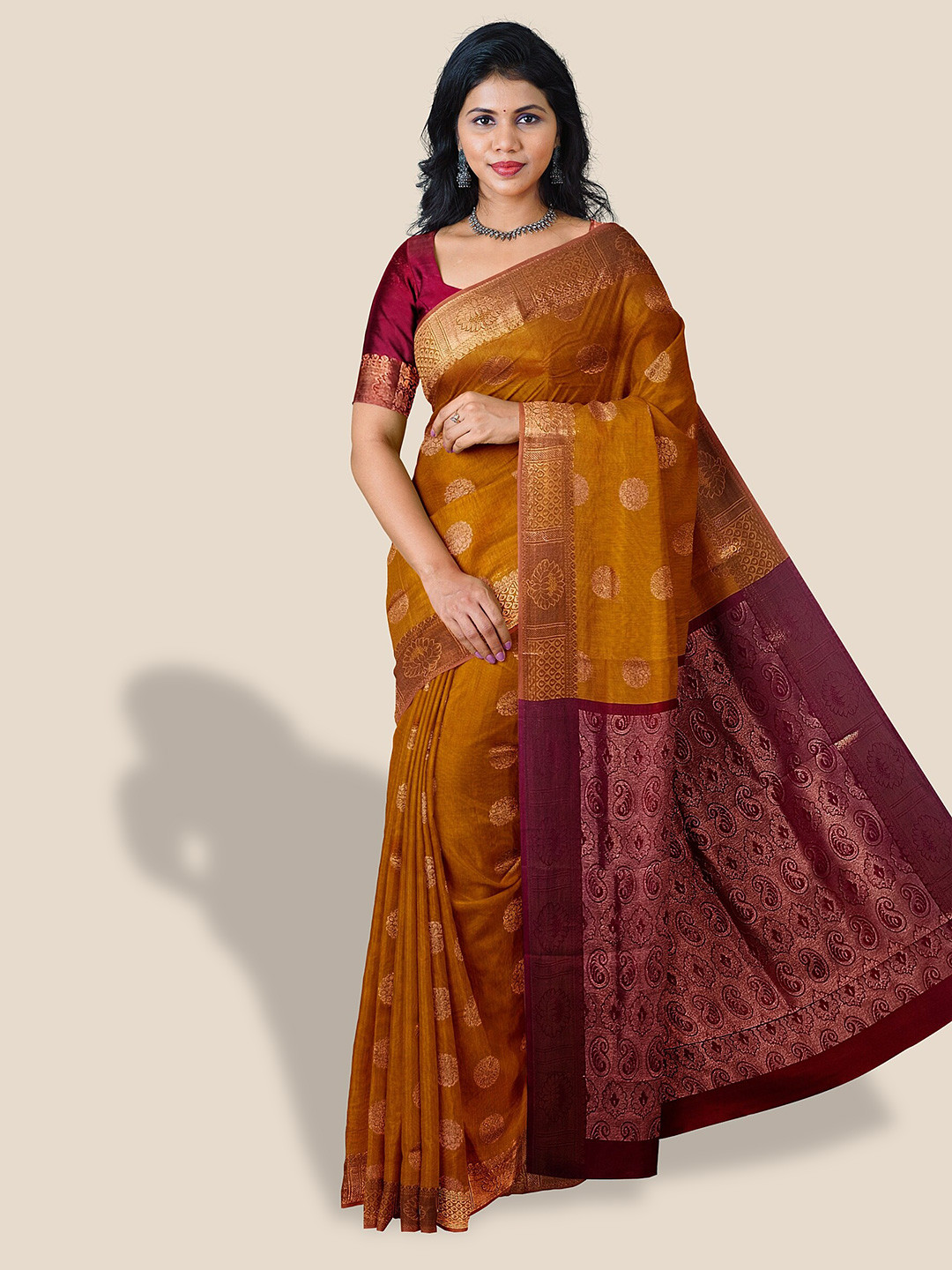 

The Chennai Silks Ethnic Motif Woven Design Zari Silk Cotton Maheshwari Saree, Brown