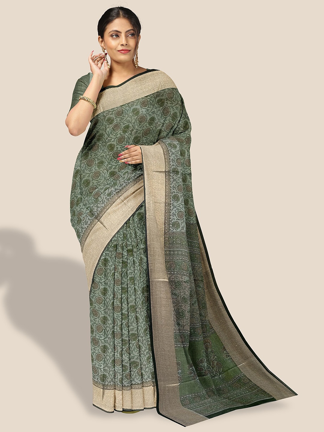 

The Chennai Silks Floral Printed Pure Cotton Saree, Green