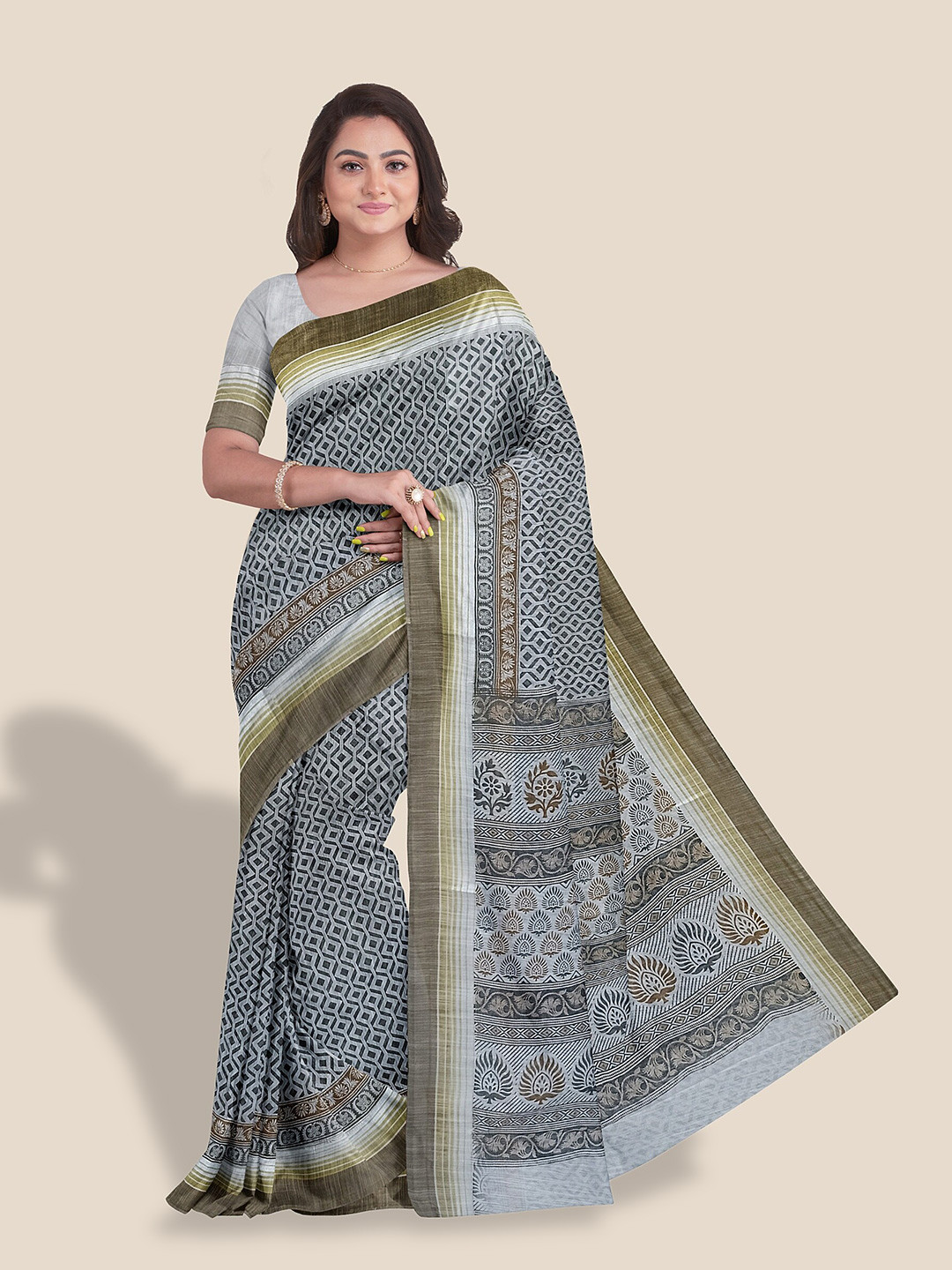 

The Chennai Silks Geometric Printed Pure Cotton Saree, Off white