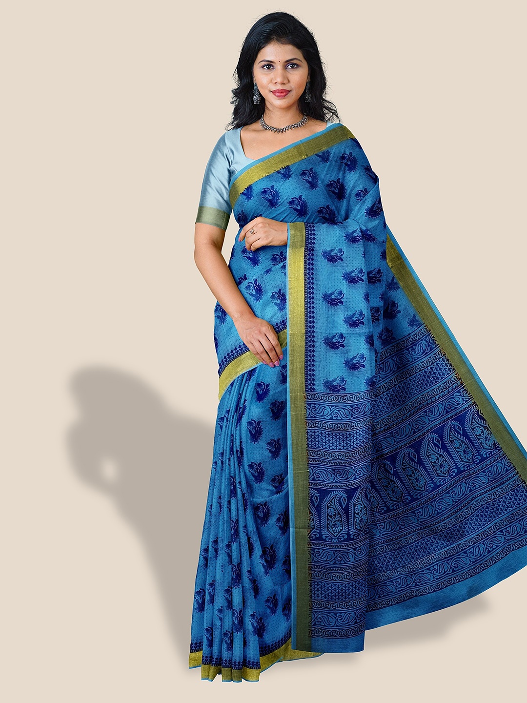 

The Chennai Silks Floral Printed Zari Pure Cotton Saree, Blue