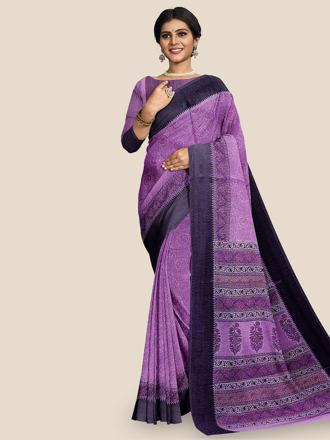 

The Chennai Silks Ethnic Motifs Printed Pure Cotton Saree, Lavender