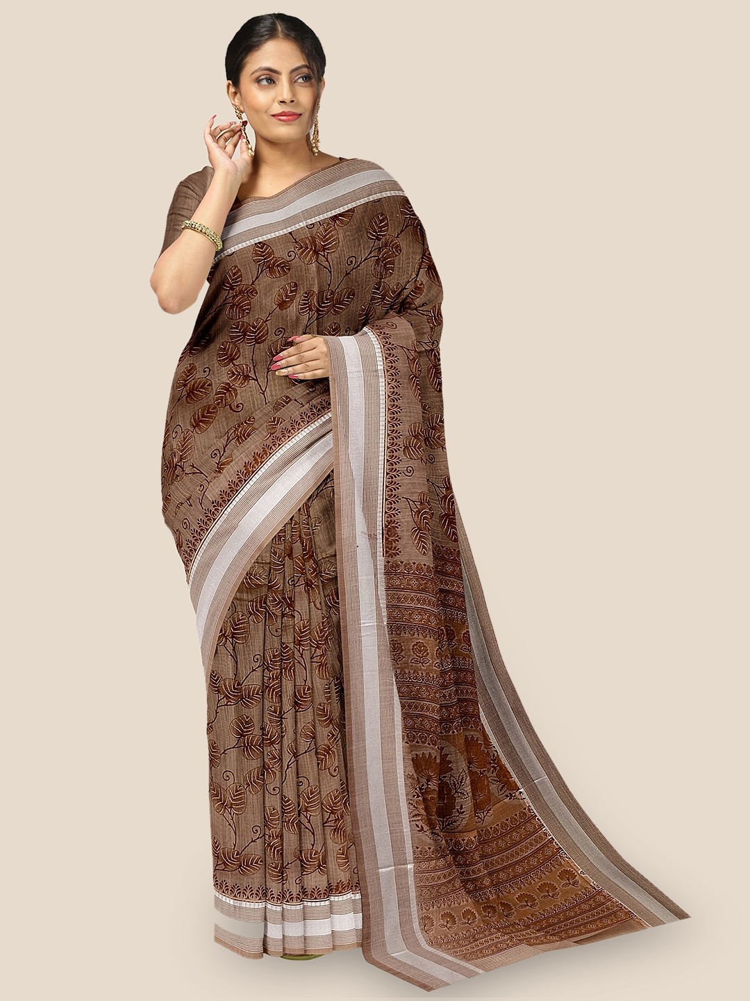 

The Chennai Silks Floral Printed Pure Cotton Saree, Brown