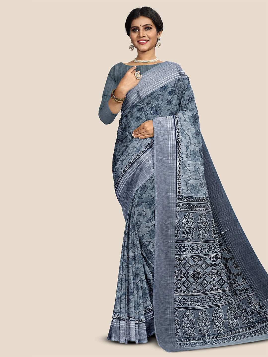

The Chennai Silks Floral Printed Pure Cotton Saree, Blue