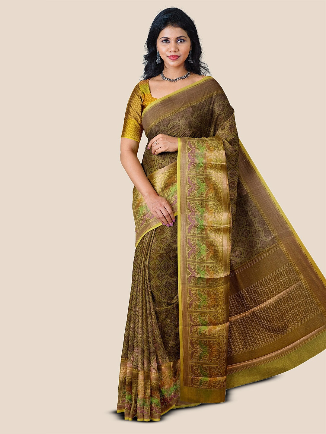 

The Chennai Silks Woven Design Zari Organza Banarasi Saree, Olive