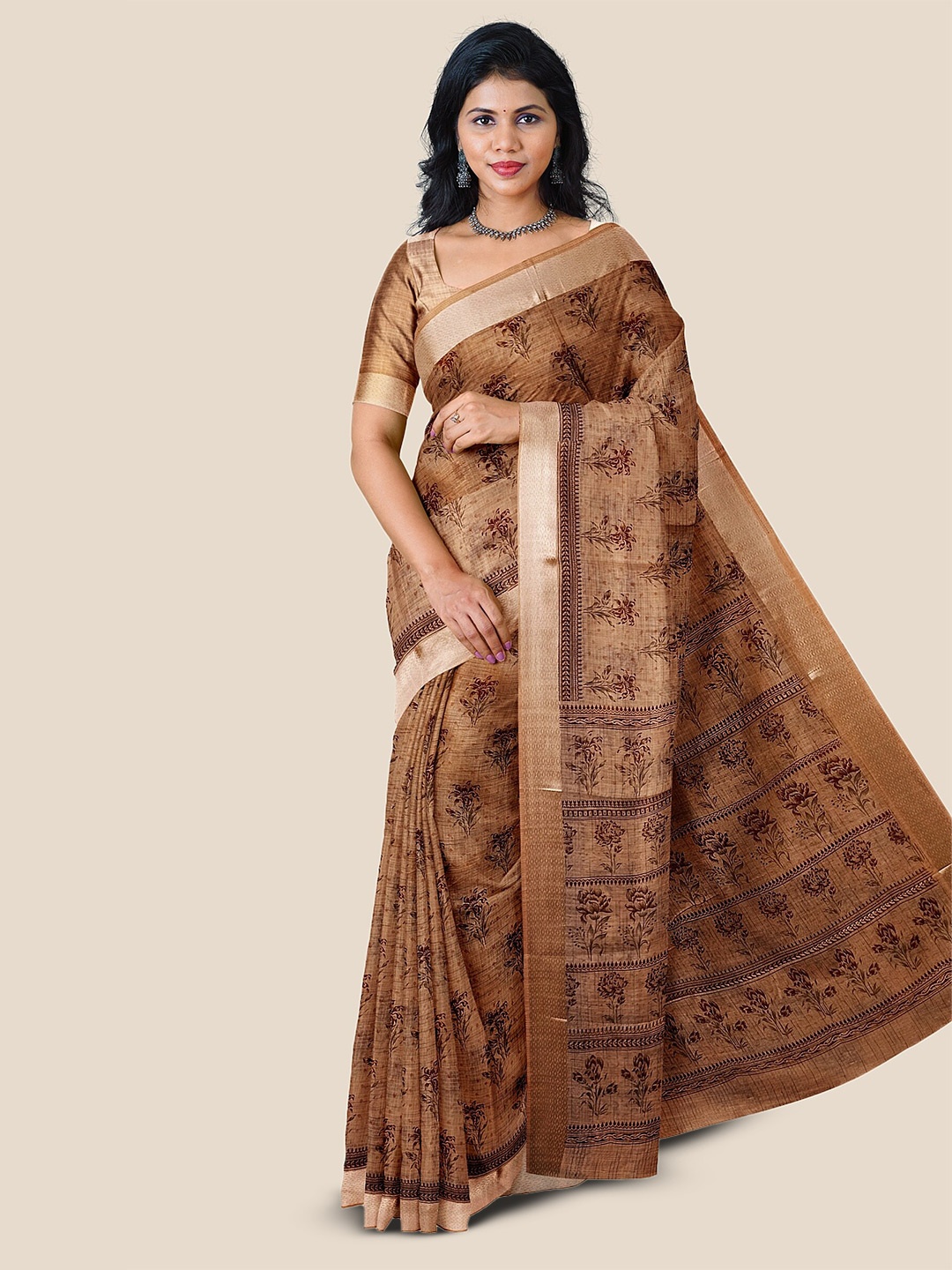 

The Chennai Silks Floral Printed Zari Pure Cotton Saree, Camel brown