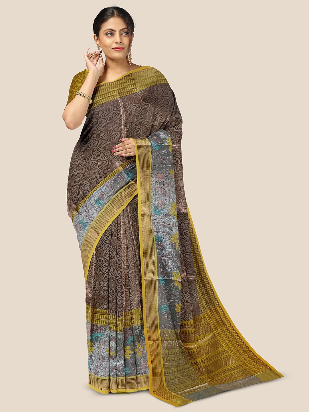 

The Chennai Silks Abstract Printed Zari Organza Saree, Brown