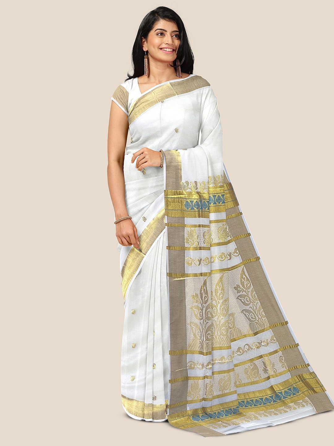 

The Chennai Silks Woven Design Zari Pure Cotton Kasavu Saree, Off white