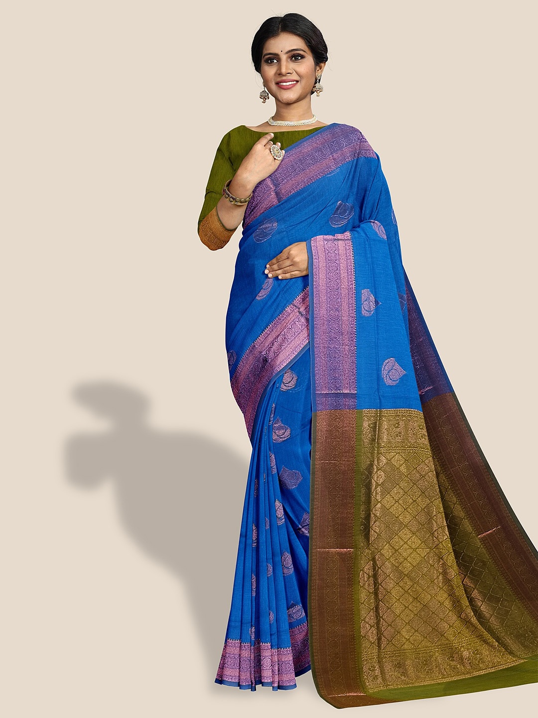 

The Chennai Silks Ethnic Motif Zari Silk Cotton Maheshwari Saree, Blue