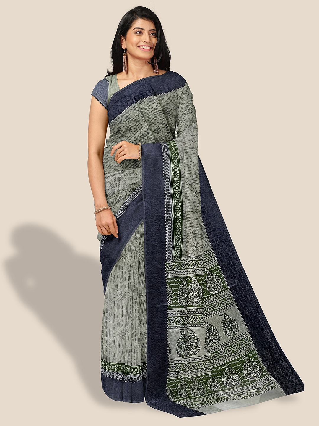 

The Chennai Silks Paisley Printed Pure Cotton Saree, Green
