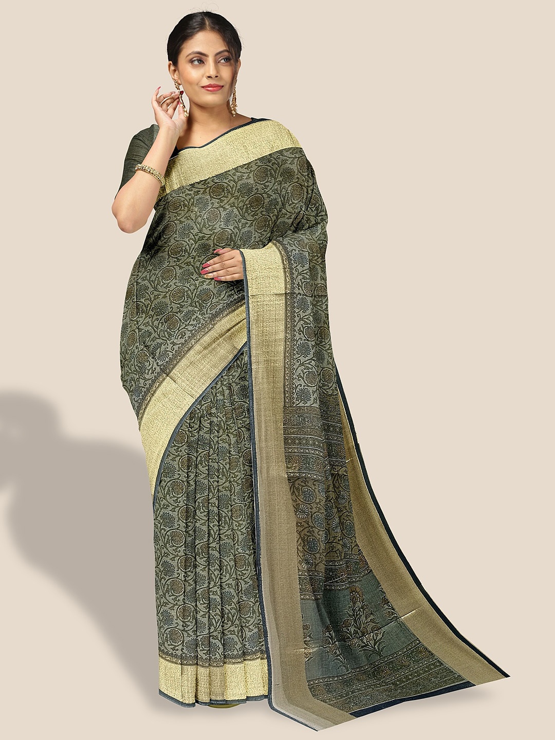 

The Chennai Silks Floral Printed Zari Pure Cotton Saree, Green