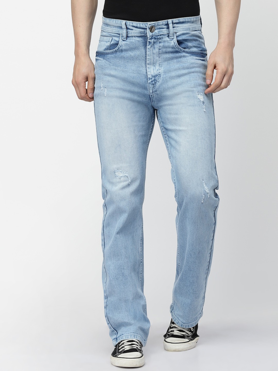 

FEVER Men Loose Wide Leg High-Rise Mildly Distressed Heavy Fade Stretchable Jeans, Blue