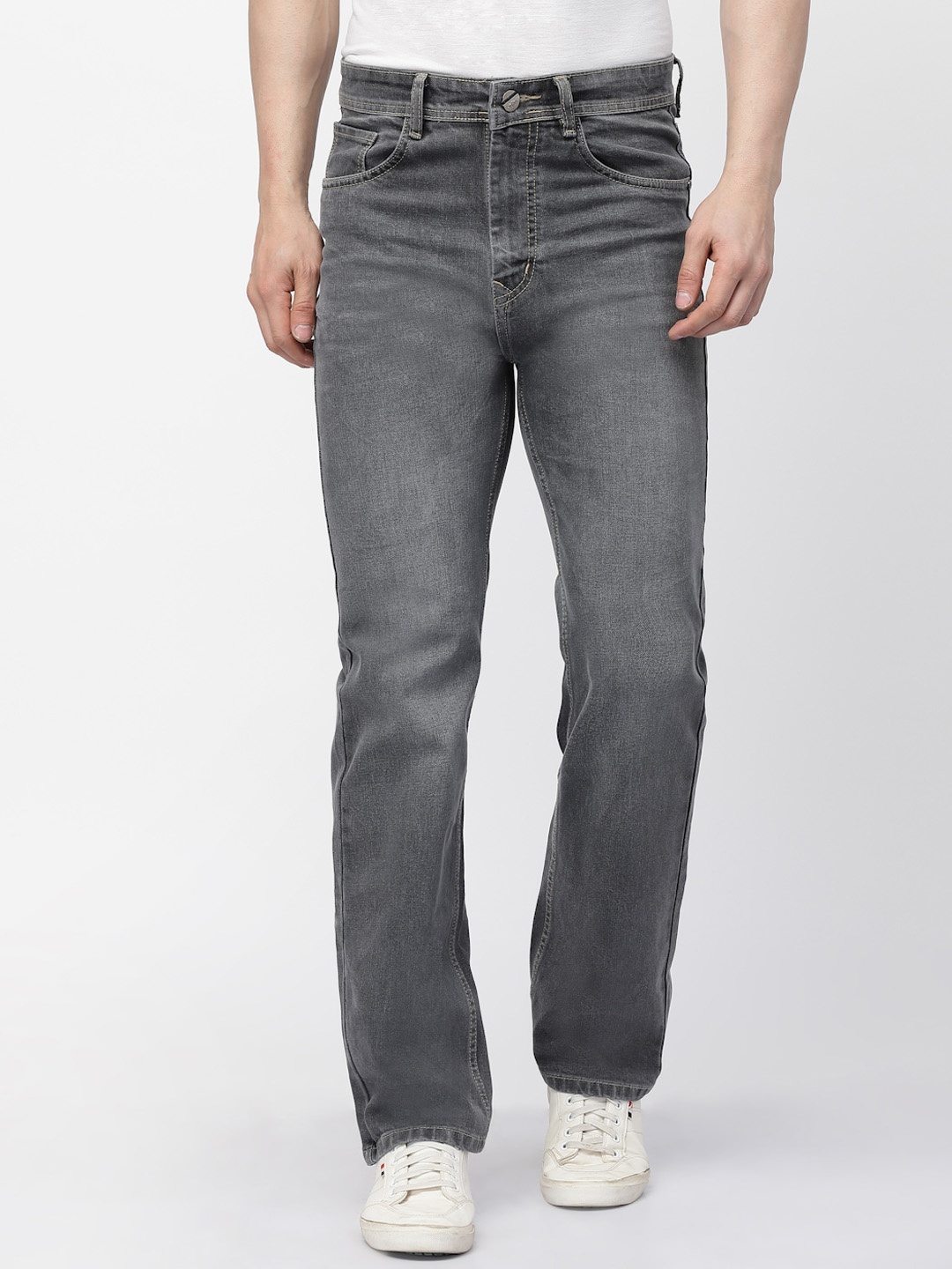 

FEVER Men Loose Wide Leg High-Rise Light Fade Stretchable Jeans, Grey