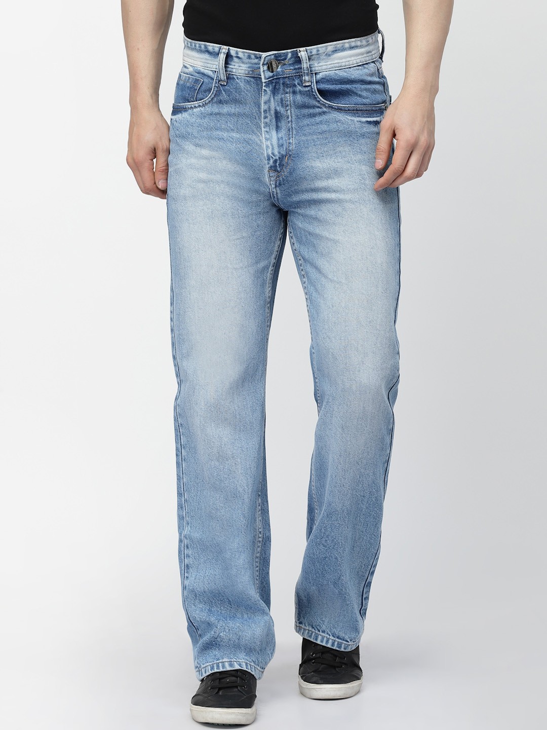 

FEVER Men Loose Wide Leg High-Rise Heavy Fade Pure Cotton Jeans, Blue