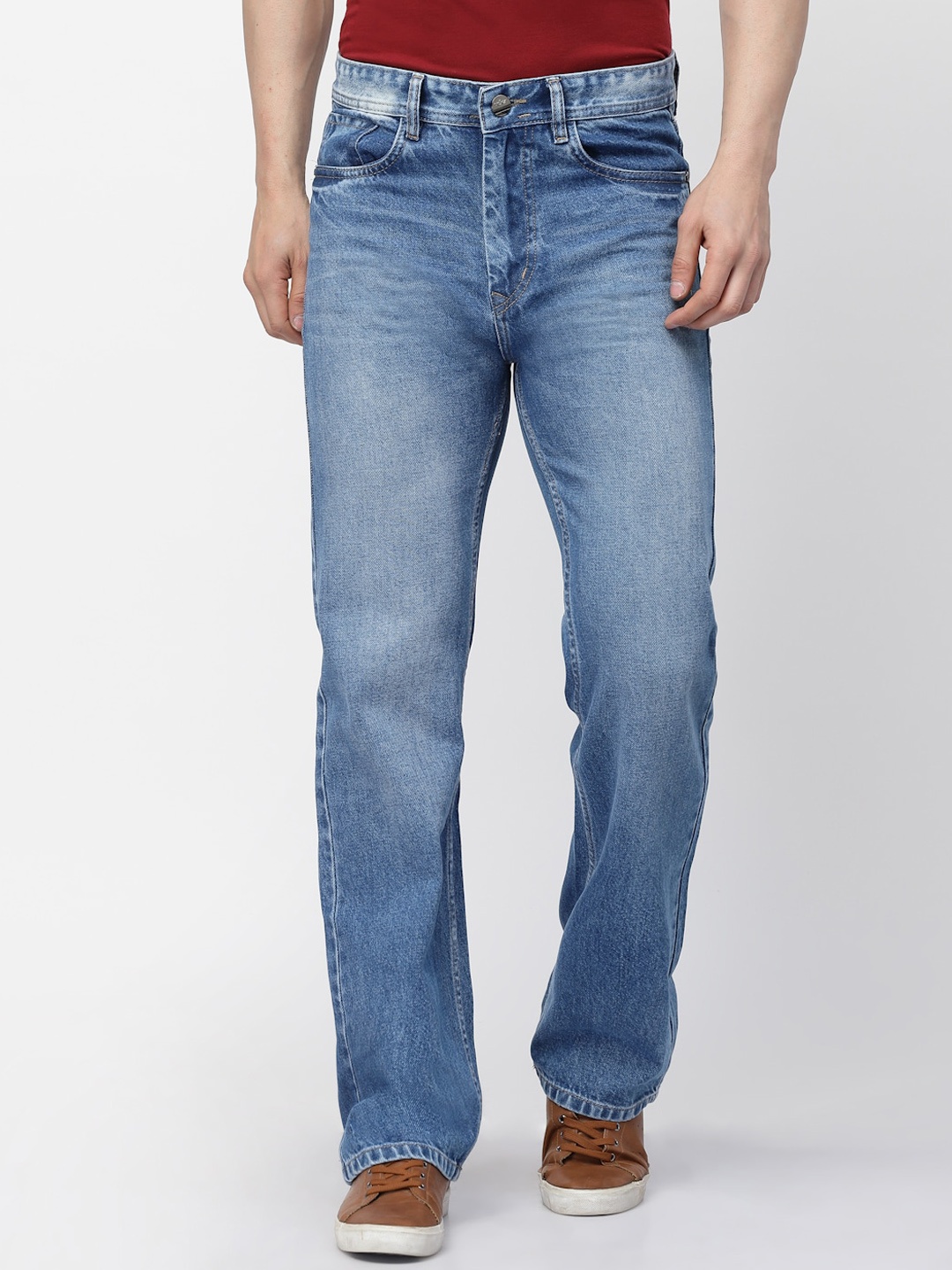 

FEVER Men Loose Wide Leg High-Rise Light Fade Pure Cotton Jeans, Blue