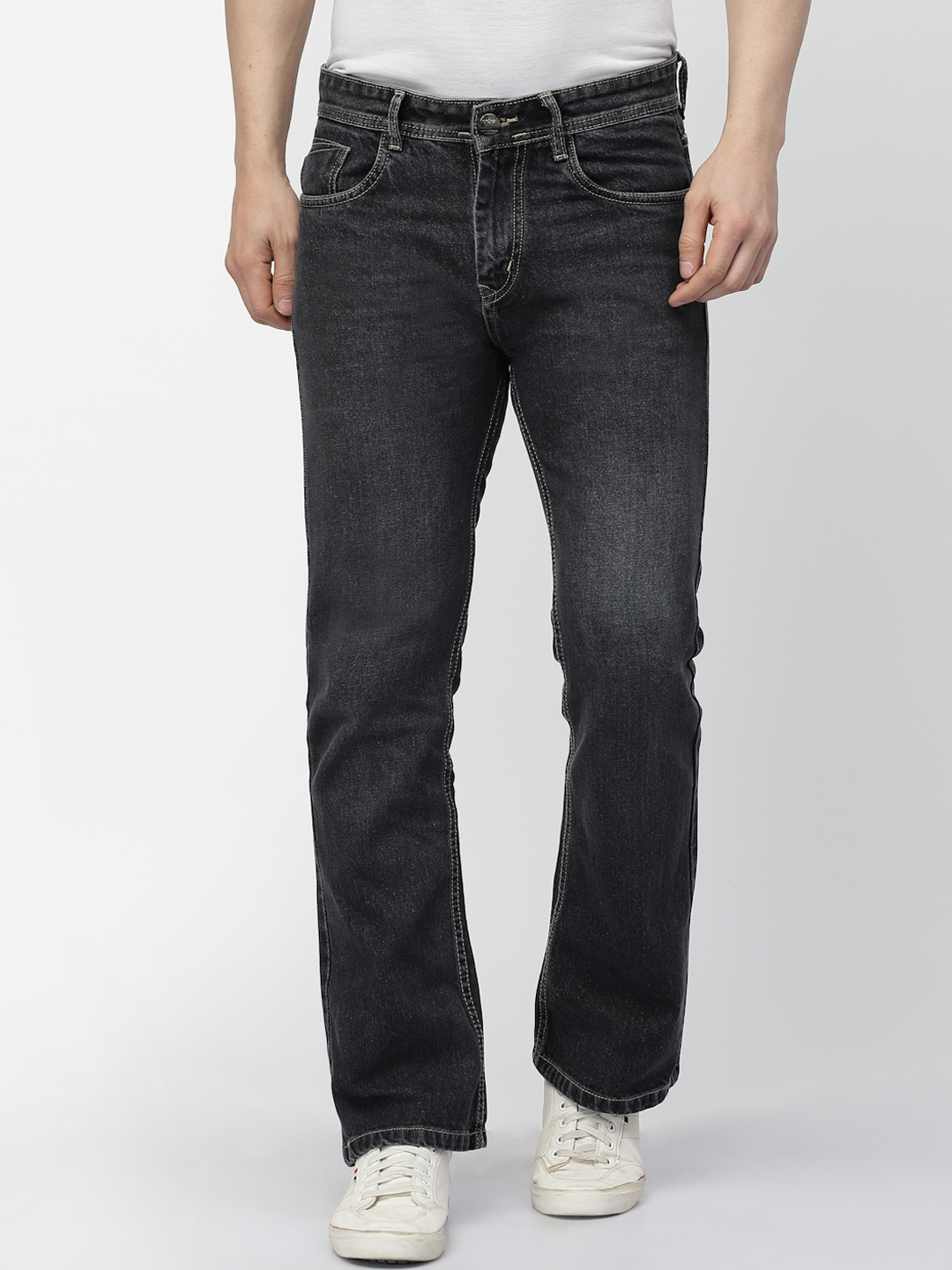 

FEVER Men Bootcut Mid-Rise Light Fade Pure Cotton Jeans, Black