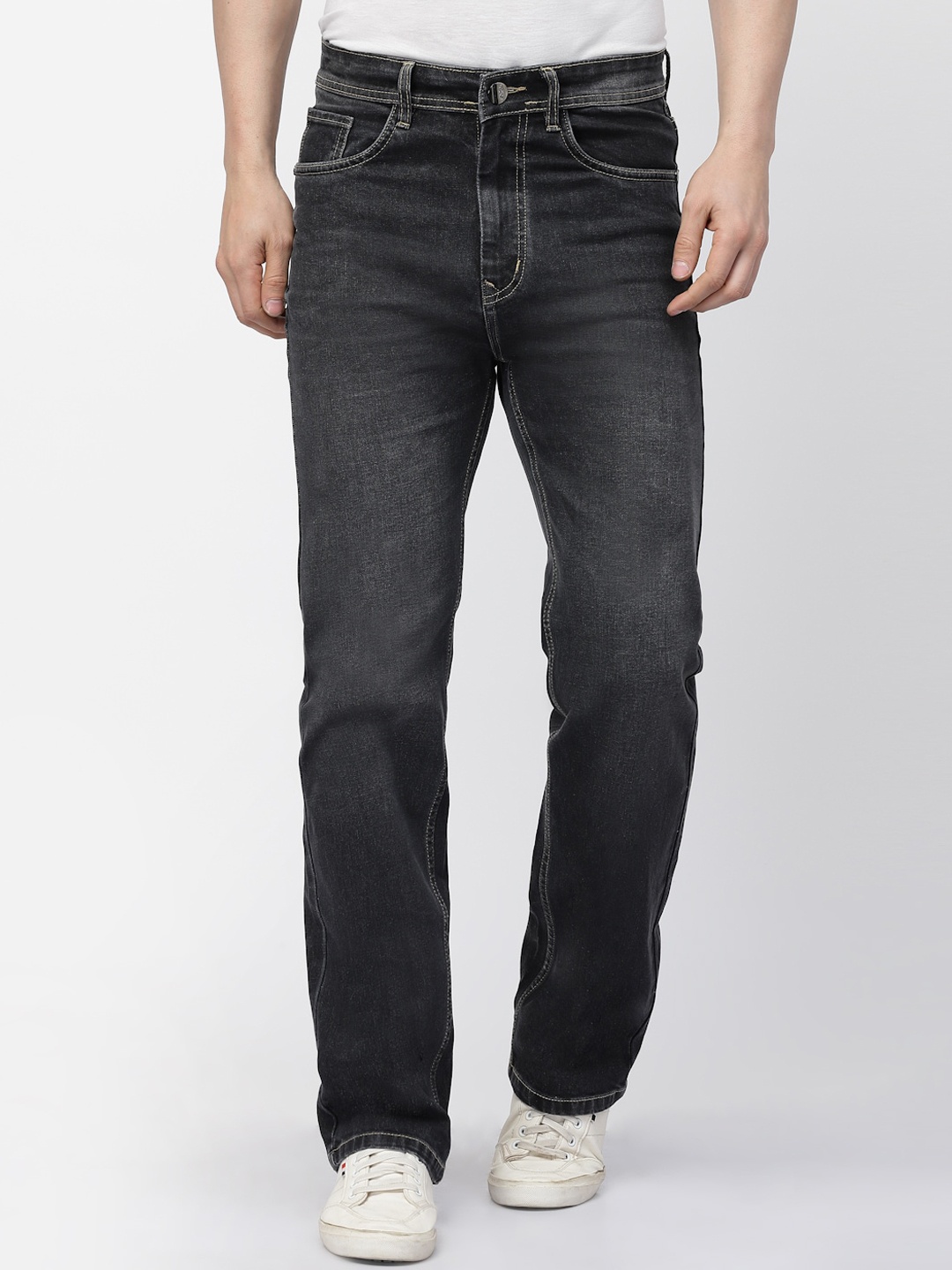

FEVER Men Loose Wide Leg High-Rise Light Fade Stretchable Jeans, Black