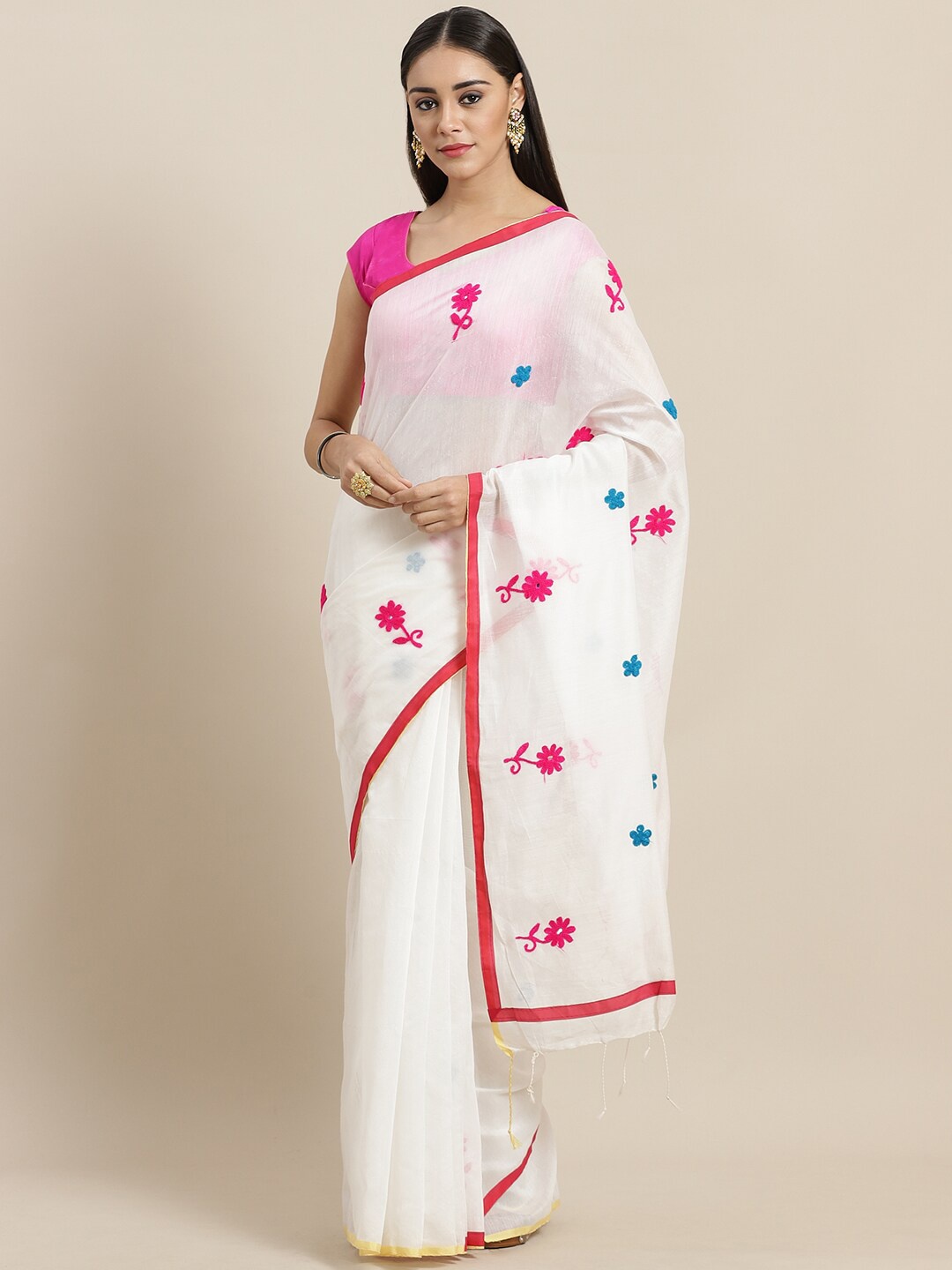 

Laa Calcutta Floral Embroidered Saree, White