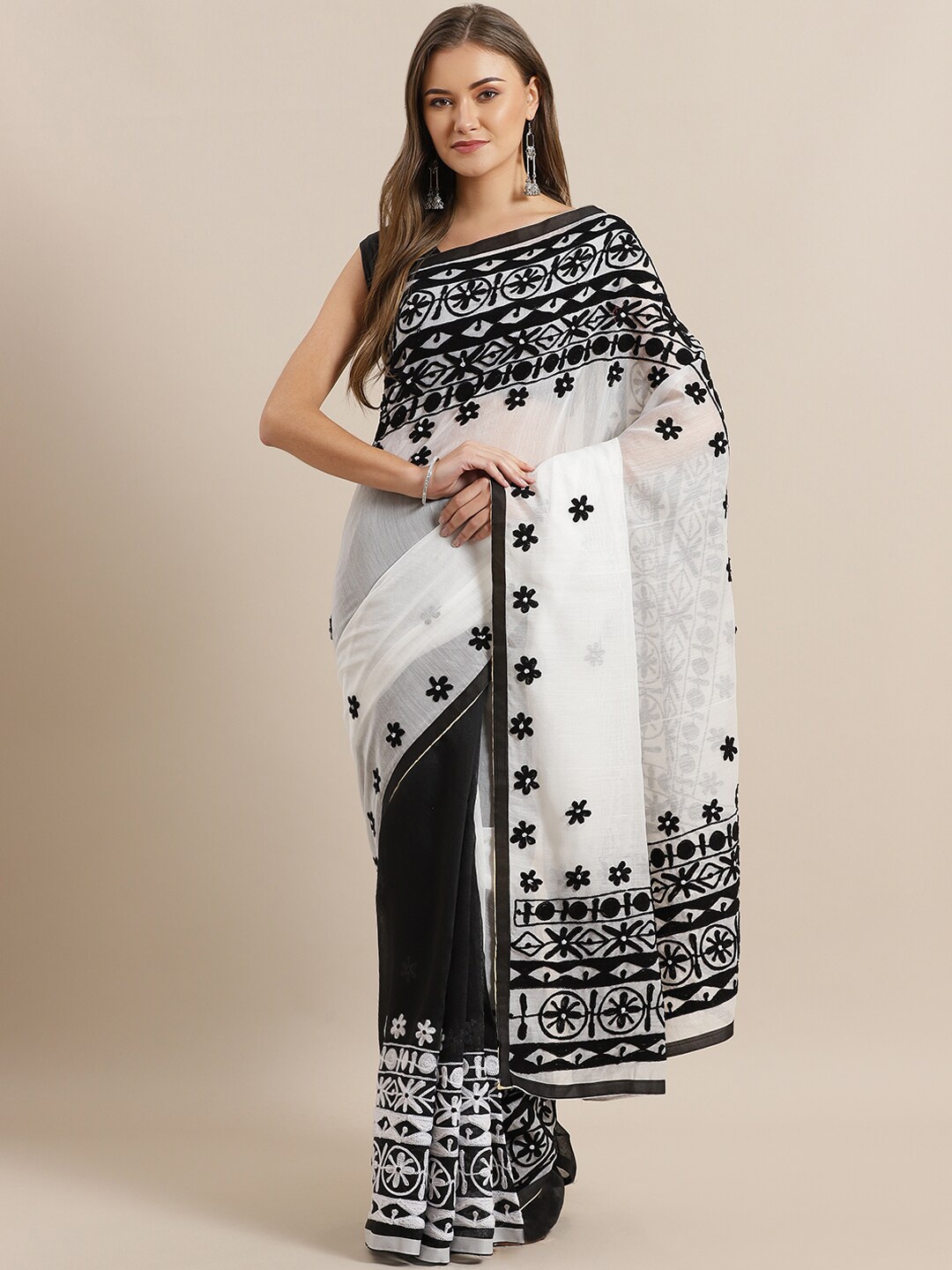 

Laa Calcutta Floral Embroidered Cotton Blend Saree, White