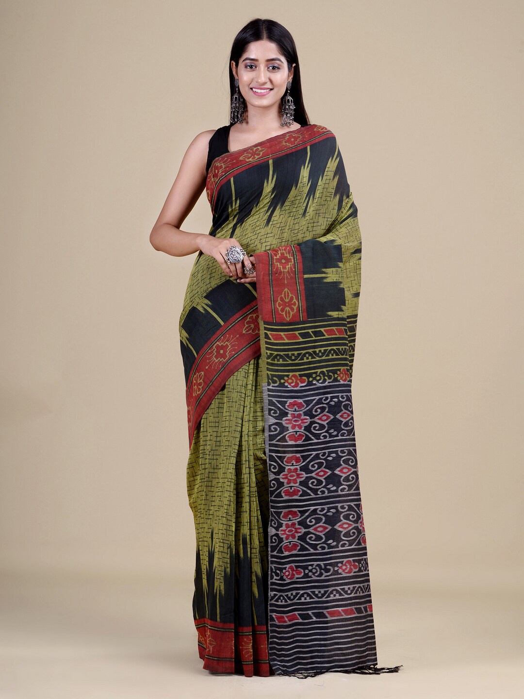 

Laa Calcutta Floral Woven Design Saree, Olive